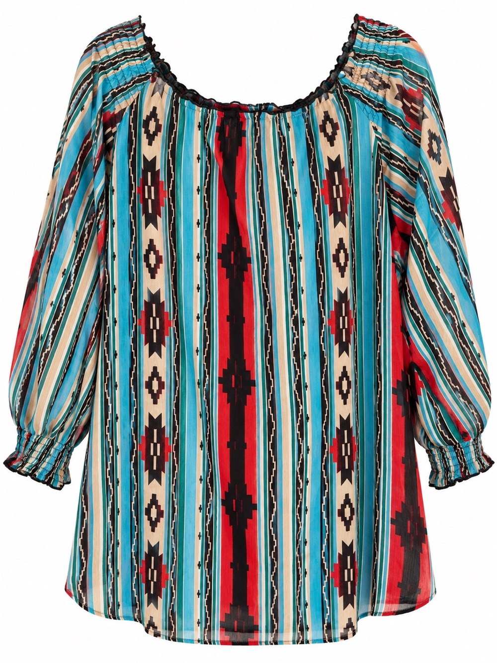 Boho, Aztec, Western Striped Peasant Tunic Turquoise, Red & Black